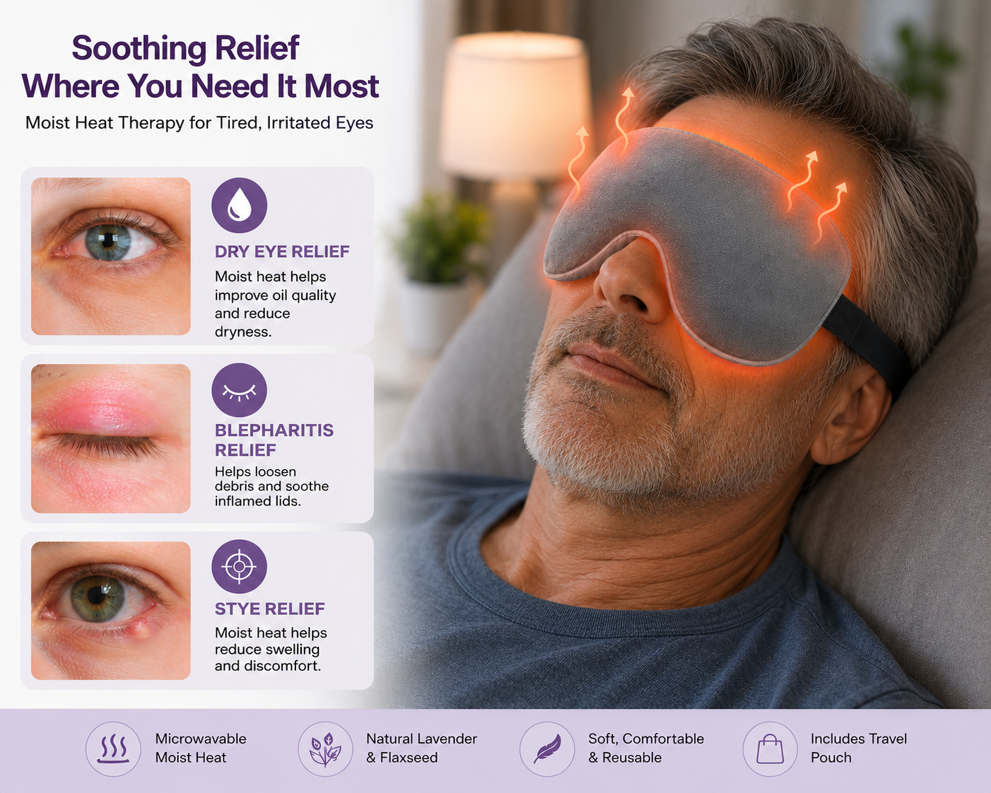 Weighted Microwavable Heated Eye Mask with Organic Flaxseed & Lavender – Moist Heat Therapy for Dry Eye Relief, Sinus Pressure, Stye Treatment & Digital Eye Strain – Reusable Blackout Sleep Mask