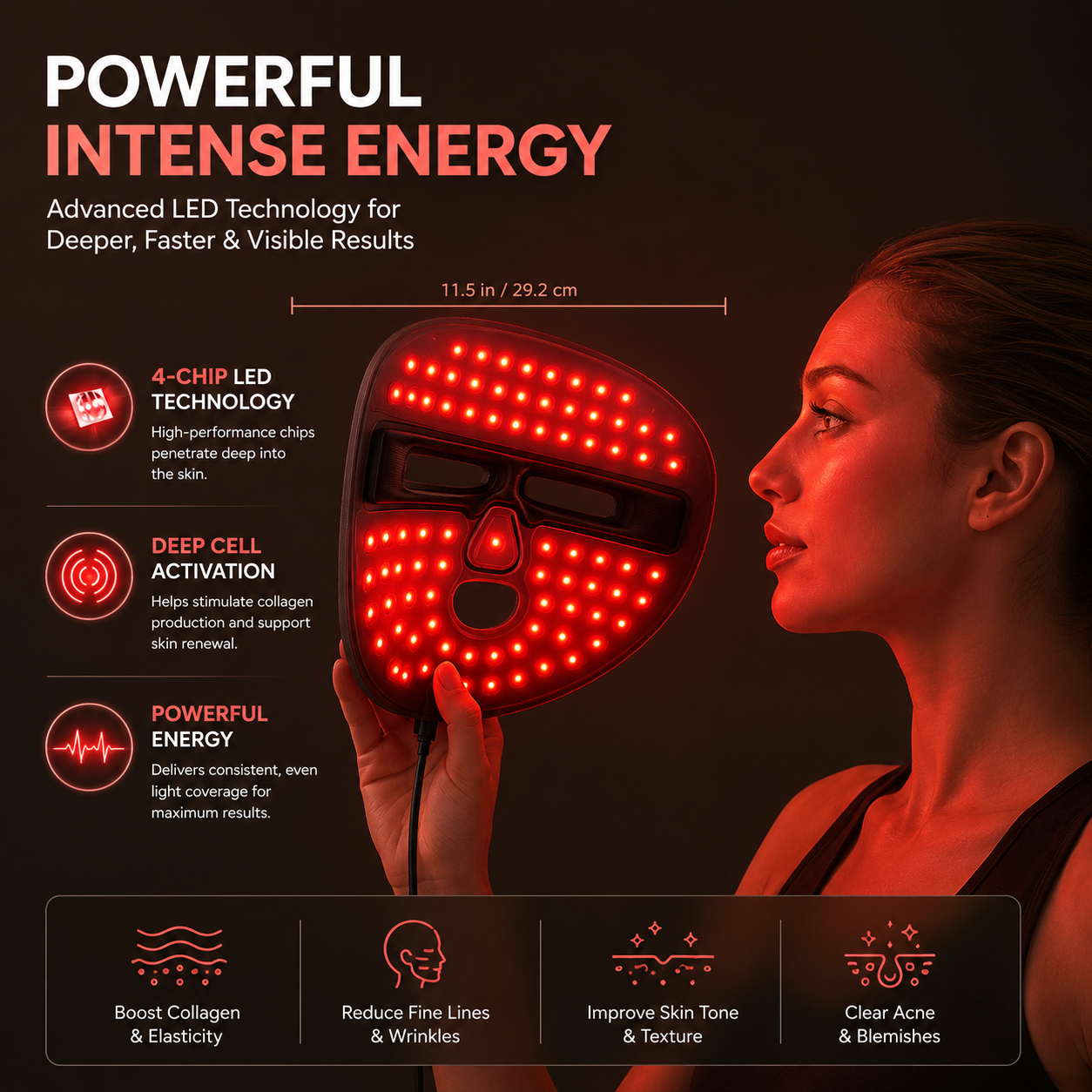 Red Light Therapy Face Mask – Near Infrared Light Therapy for Anti-Aging, Acne Treatment & Skin Rejuvenation  – Cordless Rechargeable At-Home Skincare Device