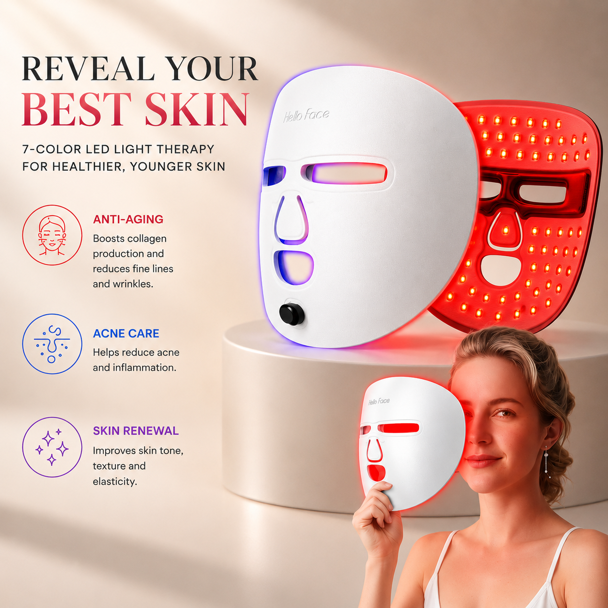 Red Light Therapy Face Mask – Near Infrared Light Therapy for Anti-Aging, Acne Treatment & Skin Rejuvenation  – Cordless Rechargeable At-Home Skincare Device