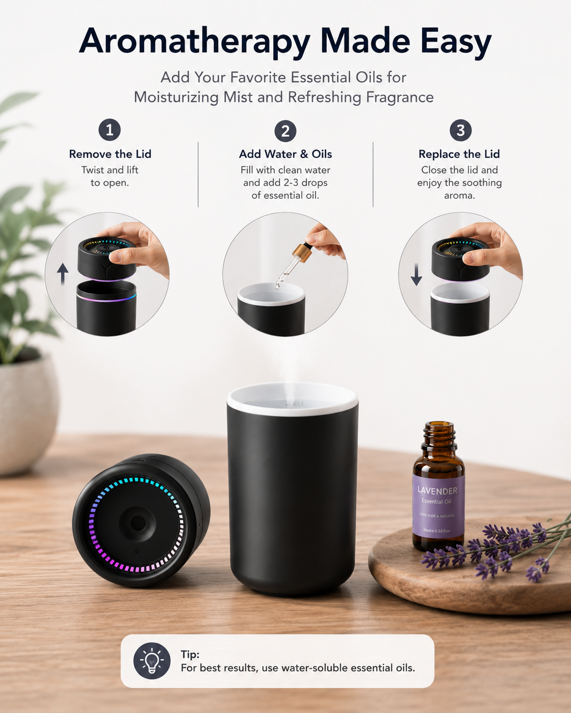 Portable Cool Mist Humidifier & Essential Oil Diffuser for Bedroom, Office, & Car with Night Light, Ultra-Quiet Mist & USB Rechargeable