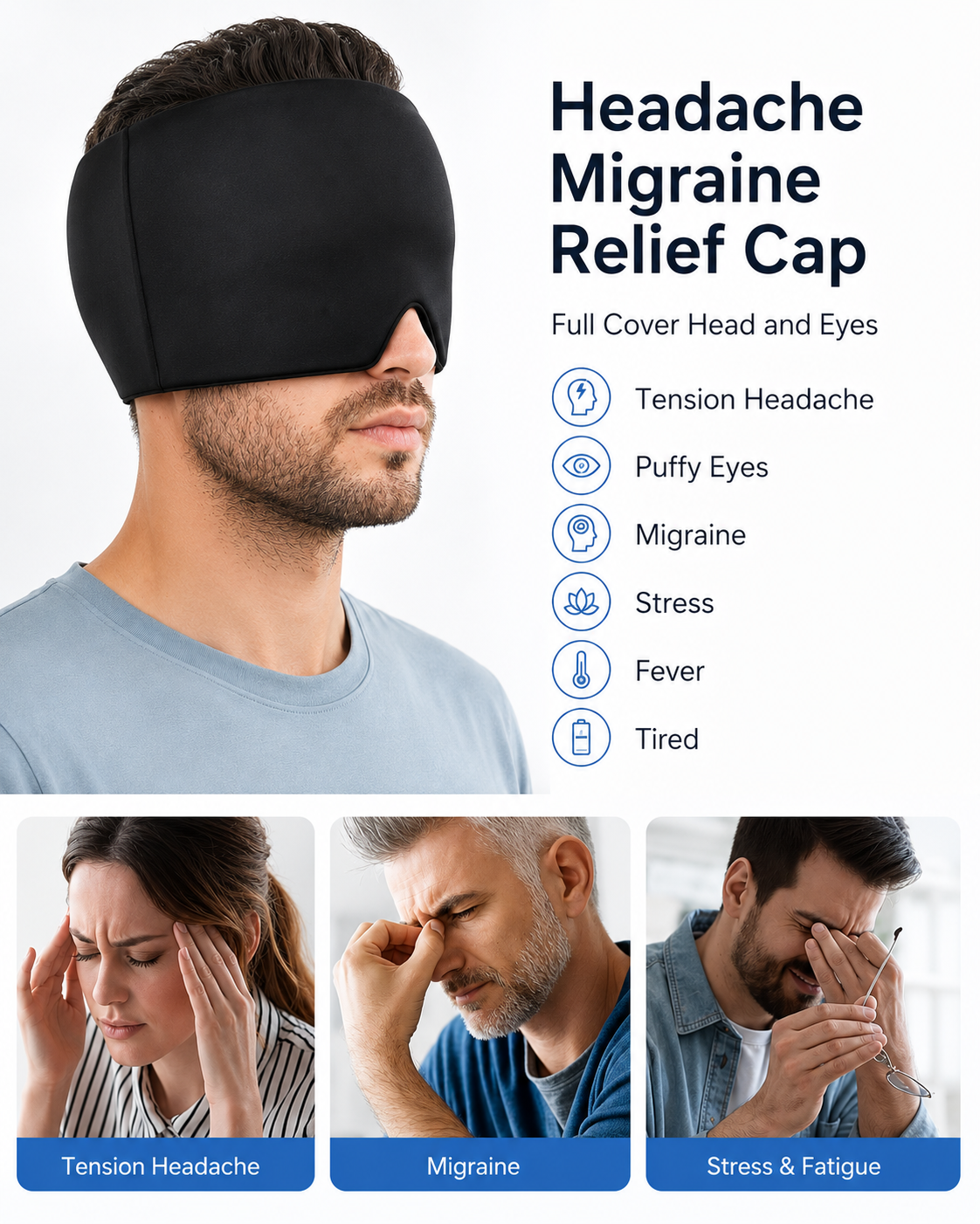 Ice Compression Migraine Relief Cap – Cooling Gel Headache Relief Mask for Migraines, Sinus Pressure, Eye Strain & Cold Therapy