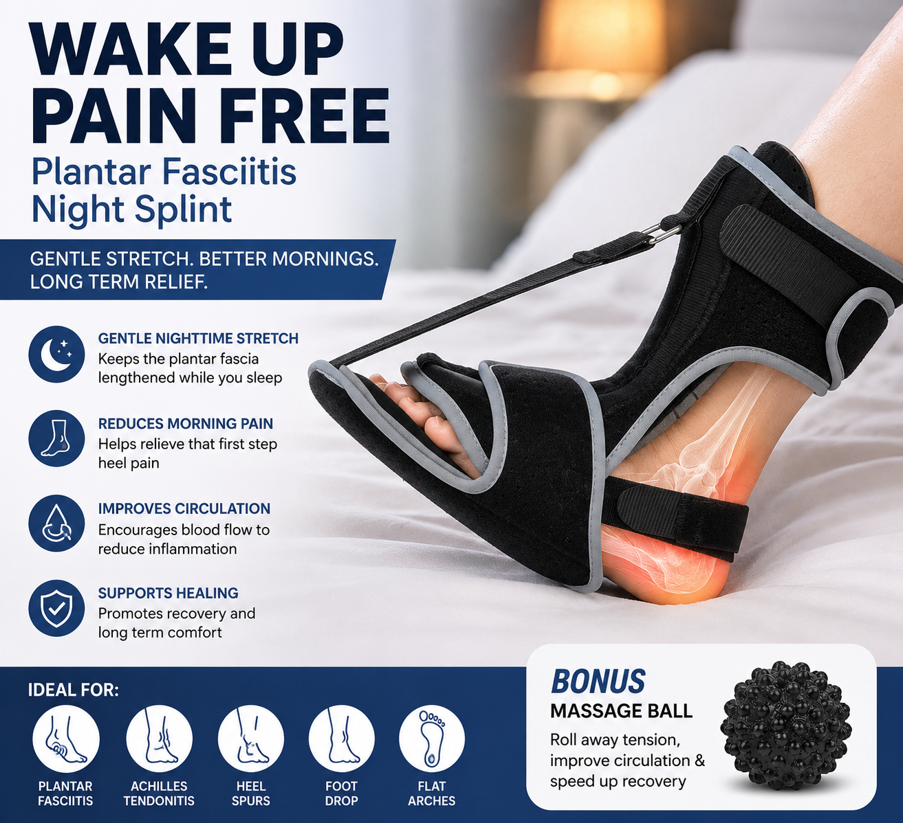 Plantar Fasciitis Night Splint & Massage Ball Set | Heel & Arch Pain Relief