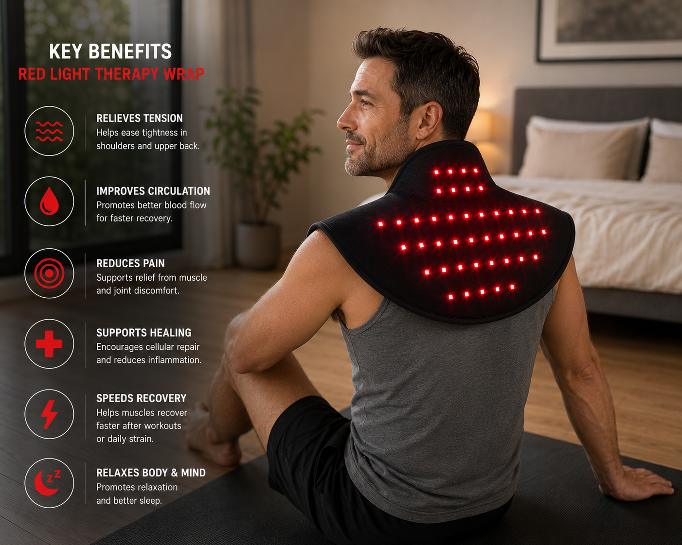 Cordless Red Light Therapy Wrap for Neck, Shoulder & Back Pain Relief – Infrared & Near-Infrared Light Therapy for Muscle Recovery – Rechargeable & Portable Recovery Device